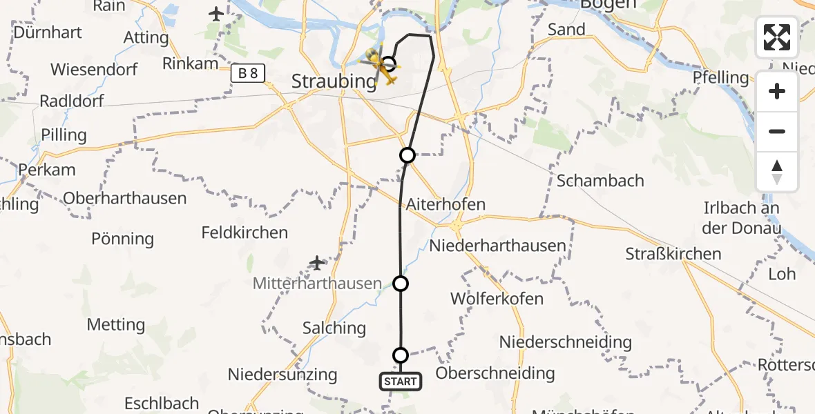 Flugroute Rettungshubschrauber Oberschneiding - Sankt Elisabeth Hospital Straubing, 03 Juni 2026, 06:20