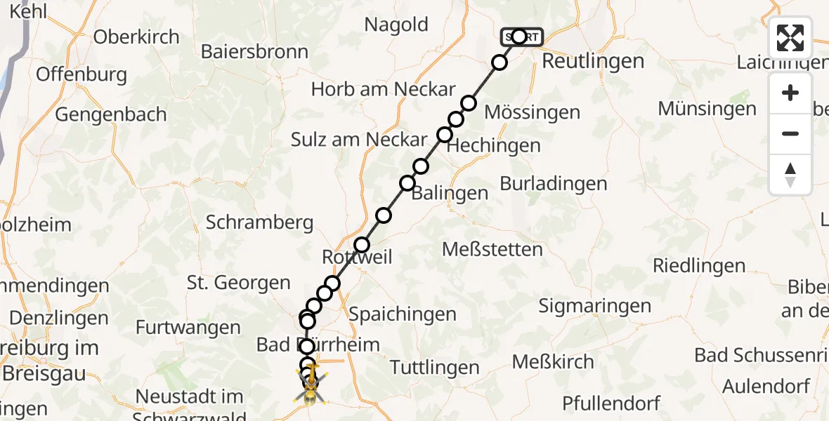 Flugroute Ambulanzhubschrauber Tübingen Trauma Hospital - Donaueschingen, 03 Juni 2026, 06:23
