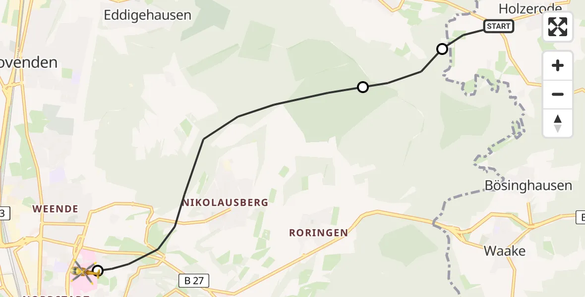 Flugroute Rettungshubschrauber Ebergötzen - Göttingen University Clinic Hubschrauberlandeplatz, 03 Juni 2026, 06:25