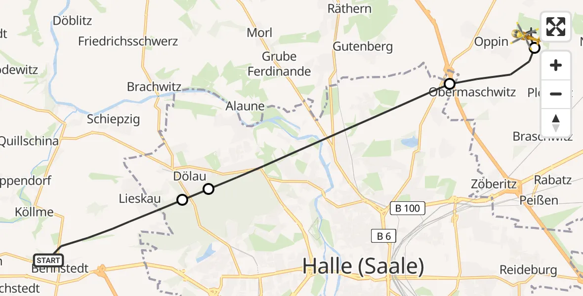 Flugroute Rettungshubschrauber Salzatal - Halle-Oppin Flugplatz, 03 Juni 2026, 06:26