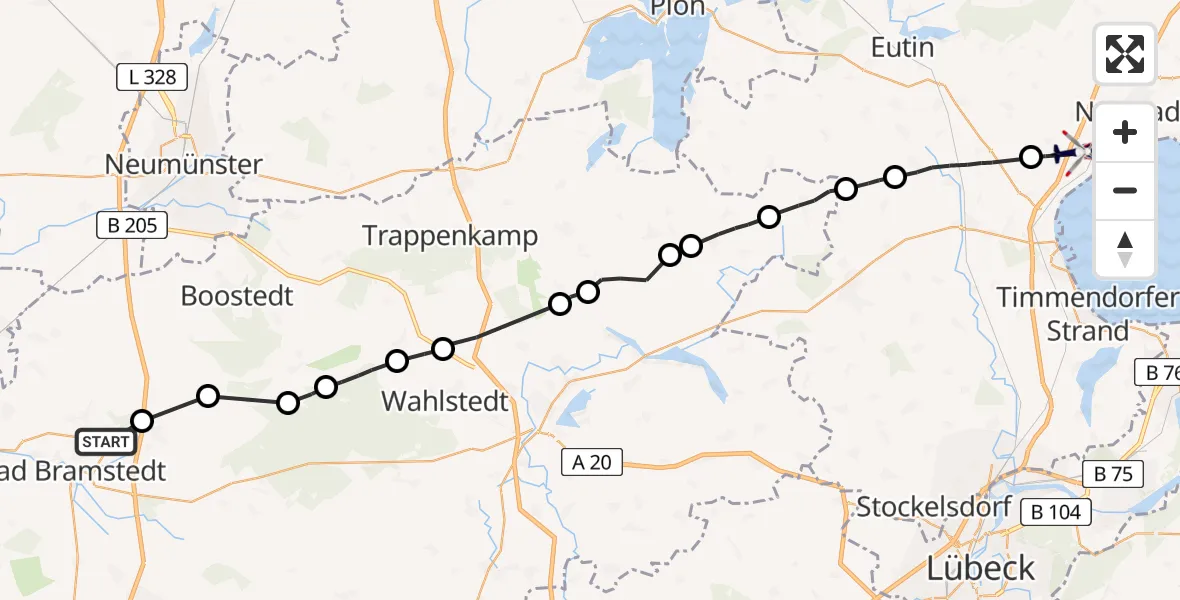 Flugroute Polizeihubschrauber Bad Bramstedt - Sierksdorf, 03 Juni 2026, 06:29