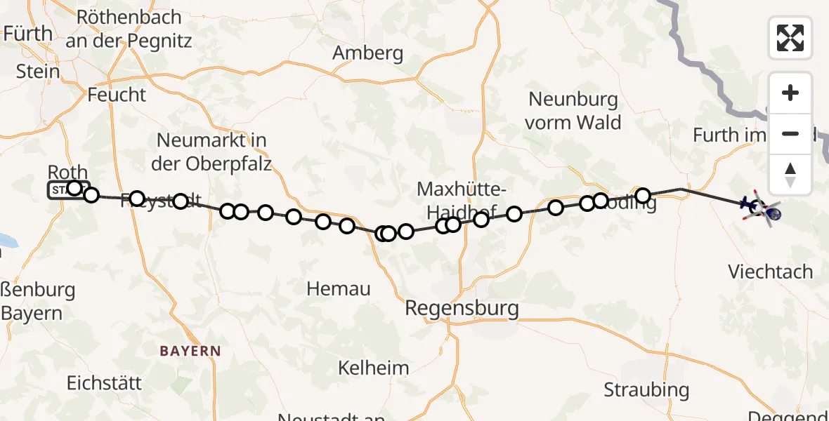 Flugroute Polizeihubschrauber Flugplatz Roth - Bad Kötzting, 03 Juni 2026, 06:29