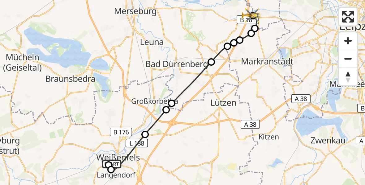 Flugroute Rettungshubschrauber Asklepios Clinic Weißenfels - ADAC Air Rescue Station Leipzig/Schkeuditz-Dölzig Hubschrauberlandeplatz (Christoph 61), 03 Juni 2026, 06:35