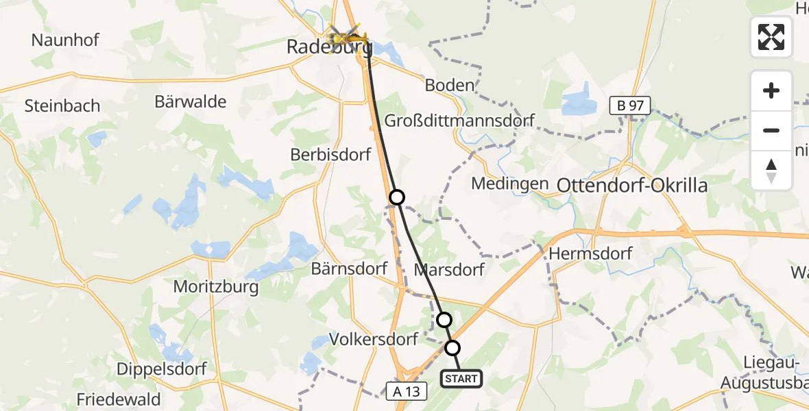 Flugroute Rettungshubschrauber Dresden Bundespolizei Hubschrauberlandeplatz - Radeburg, 03 Juni 2026, 06:46