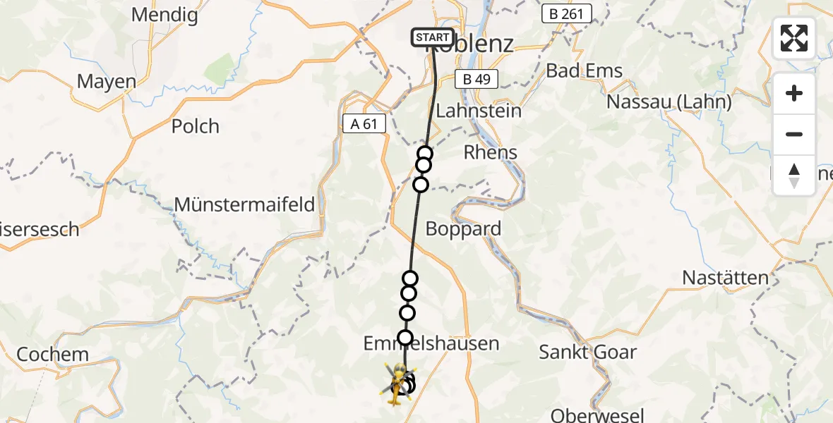 Flugroute Rettungshubschrauber Koblenz - Bickenbach, 03 Juni 2026, 06:50