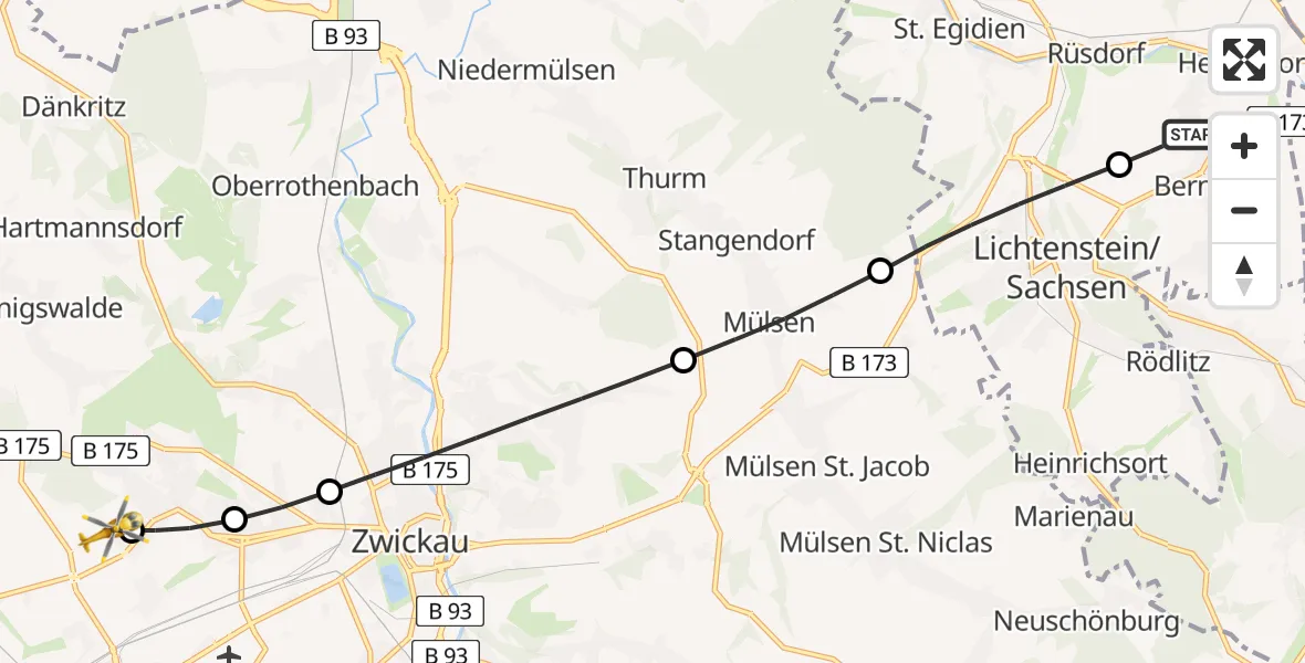 Flugroute Rettungshubschrauber Bernsdorf - ADAC Air Rescue Station Zwickau Hubschrauberlandeplatz, 03 Juni 2026, 06:54