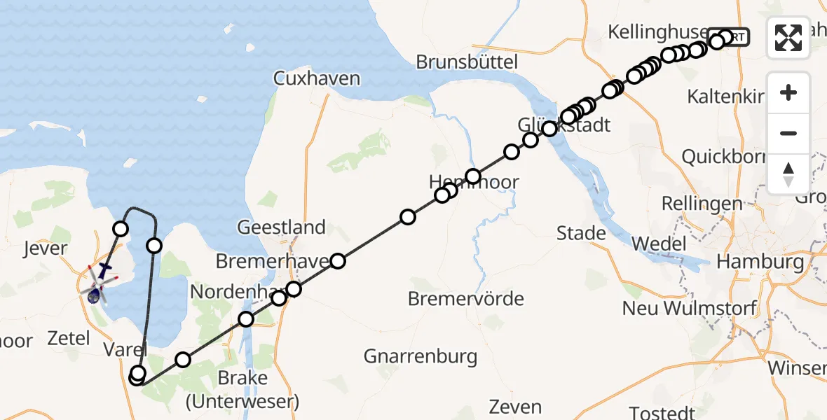 Flugroute Polizeihubschrauber Bad Bramstedt Hubschrauberlandeplatz - Wilhelmshaven, 03 Juni 2026, 06:54