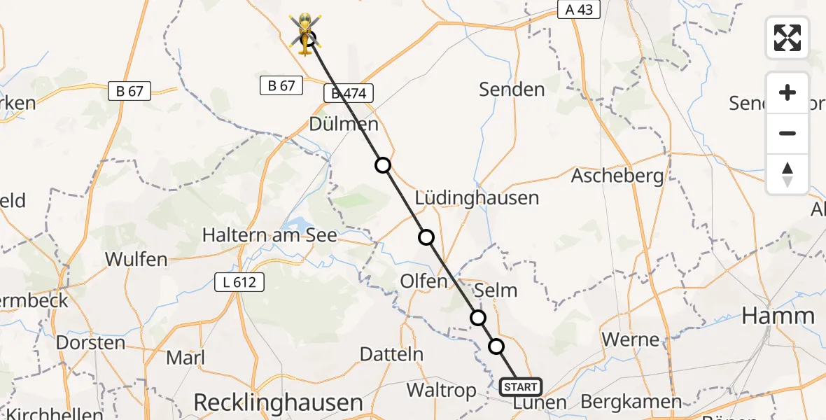 Flugroute Rettungshubschrauber Lünen - Coesfeld, 03 Juni 2026, 06:56