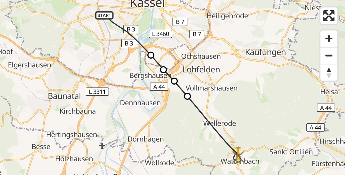 Flugroute Rettungshubschrauber Kassel - Söhrewald, 03 Juni 2026, 06:58
