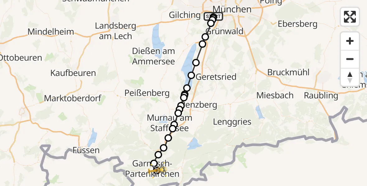 Flugroute Rettungshubschrauber DRF Air Rescue München Hubschrauberlandeplatz - Garmisch-Partenkirchen Clinic Hubschrauberlandeplatz, 03 Juni 2026, 07:00