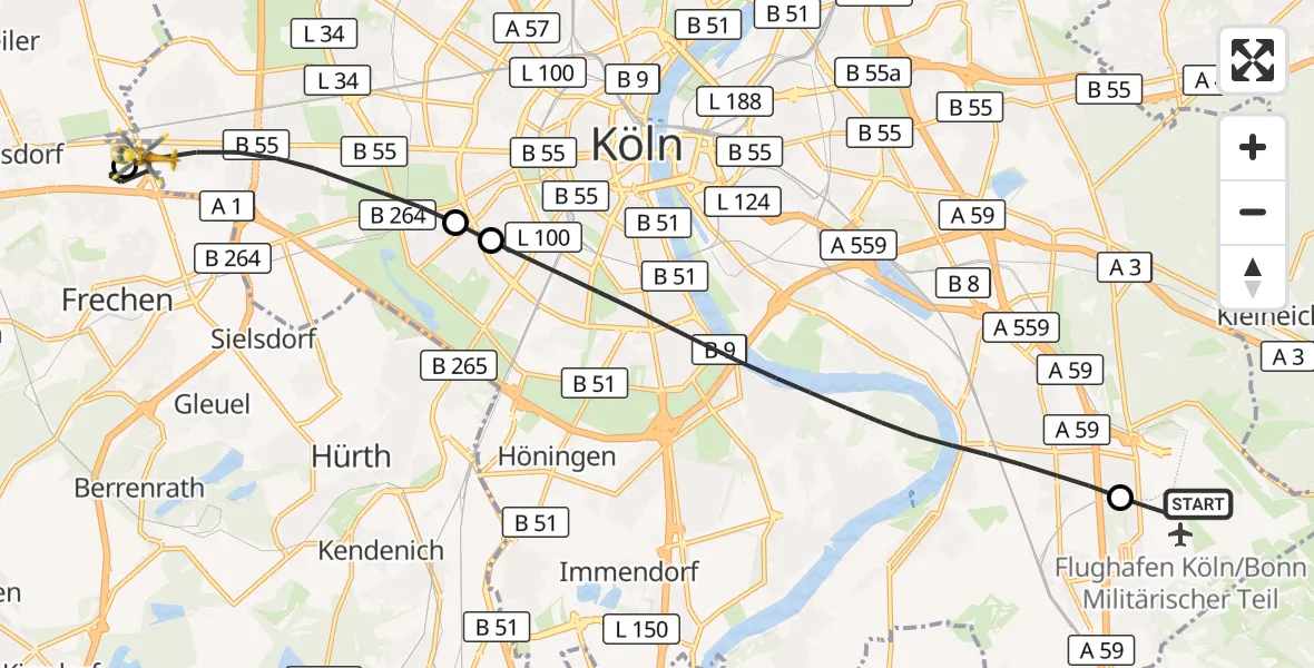 Flugroute Rettungshubschrauber Köln Bonn Flughafen - Frechen, 03 Juni 2026, 07:01