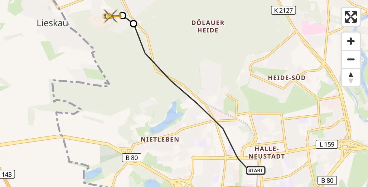 Flugroute Rettungshubschrauber Halle (Saale) - Martha-Maria Halle-Dölau Hospital, 03 Juni 2026, 07:06