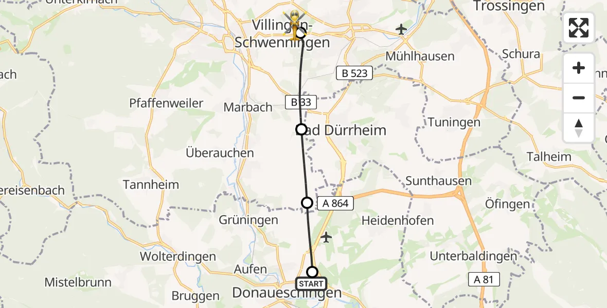 Flugroute Ambulanzhubschrauber Donaueschingen - DRF Air Rescue Station Villingen-Schwenningen Hubschrauberlandeplatz (Christoph 11), 03 Juni 2026, 07:07