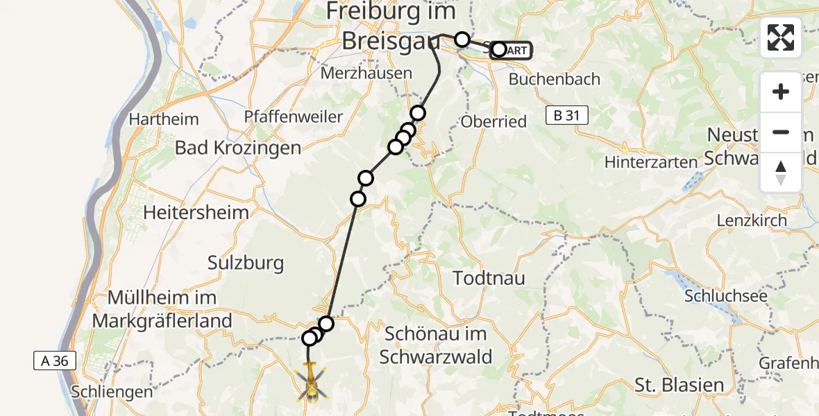 Flugroute Rettungshubschrauber Stegen - Kleines Wiesental, 03 Juni 2026, 07:08