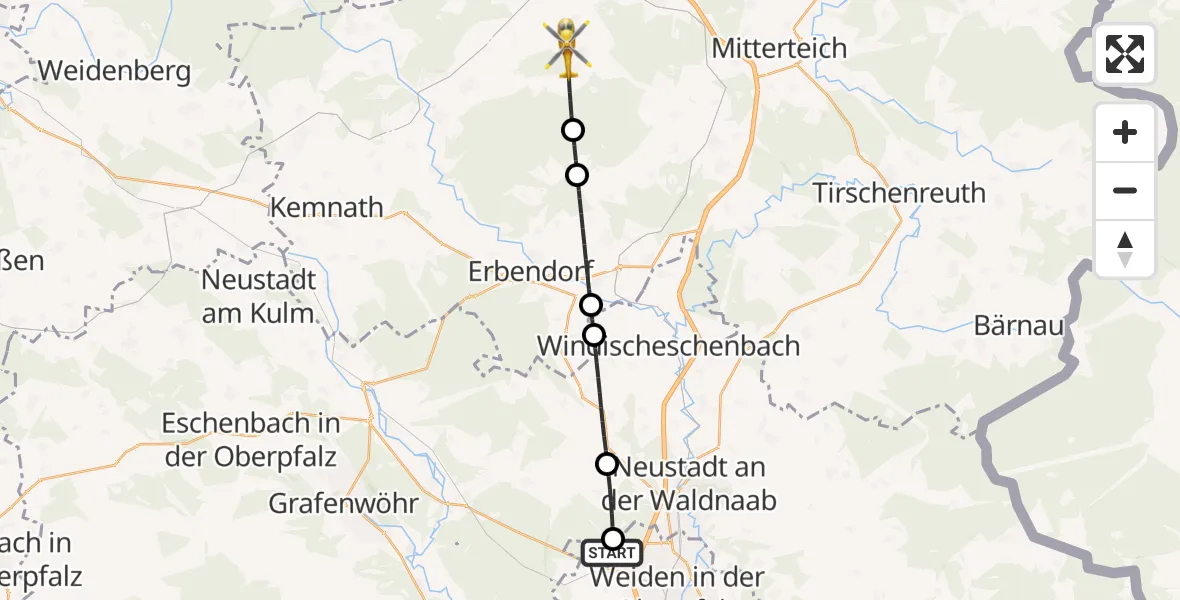 Flugroute Rettungshubschrauber Parkstein - Waldershof, 03 Juni 2026, 07:20