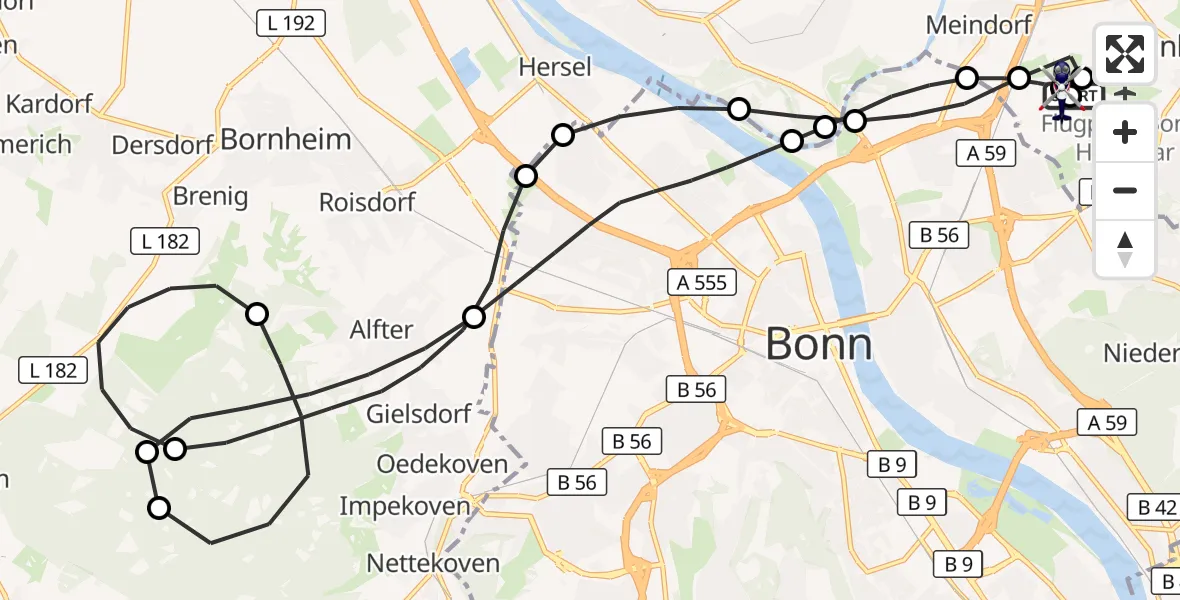 Flugroute Polizeihubschrauber Bonn-Hangelar Flugplatz - Sankt Augustin, 03 Juni 2026, 07:21