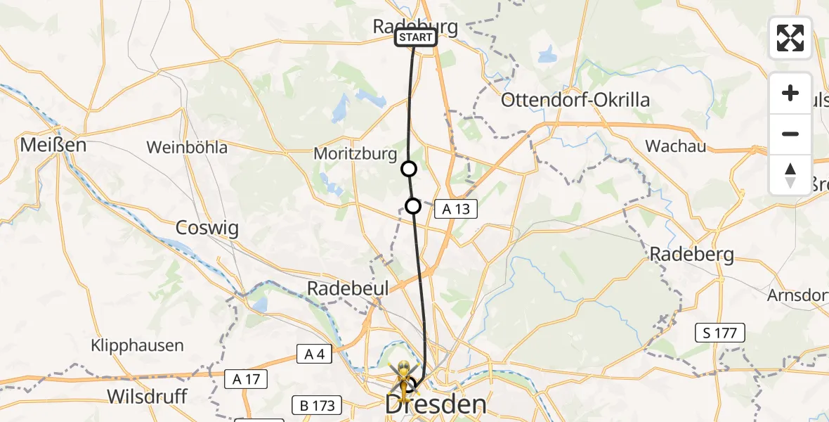 Flugroute Rettungshubschrauber Radeburg - Dresden Friedrichstadt Hospital, 03 Juni 2026, 07:22
