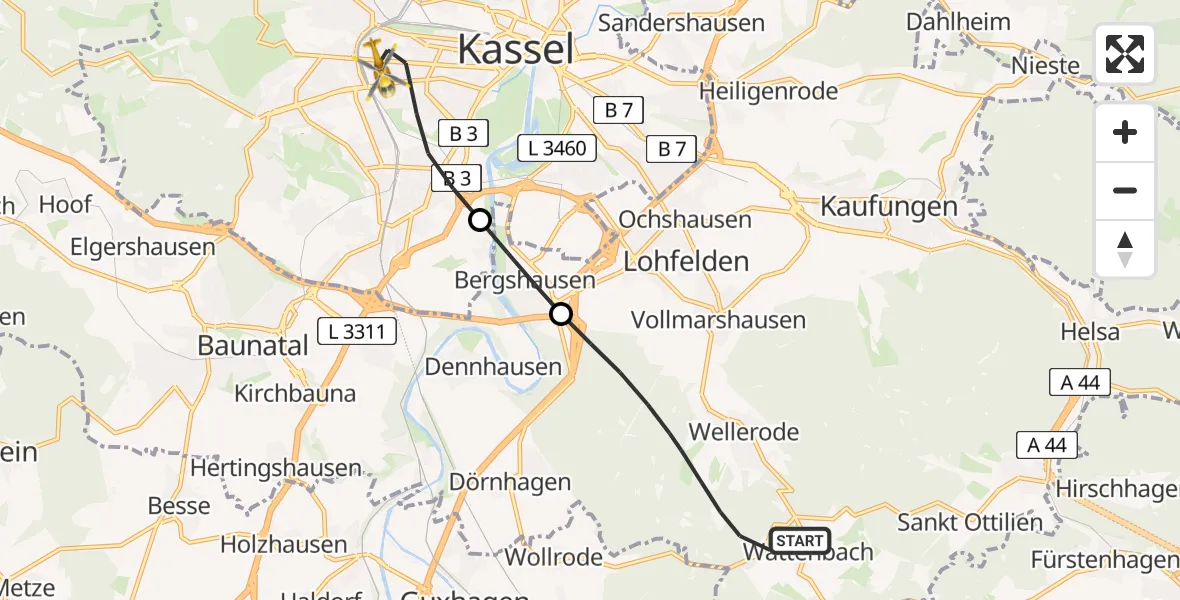 Flugroute Rettungshubschrauber Söhrewald - Kassel, 03 Juni 2026, 07:27