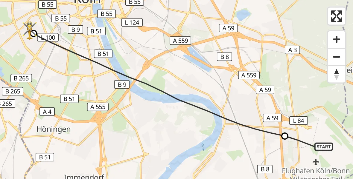 Flugroute Rettungshubschrauber Köln Bonn Flughafen - Köln University Hospital, 03 Juni 2026, 07:30