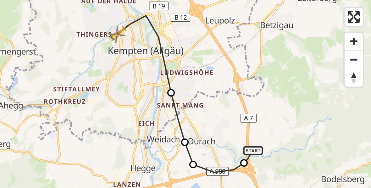 Flugroute Rettungshubschrauber Durach - Kempten (Allgäu), 03 Juni 2026, 07:34