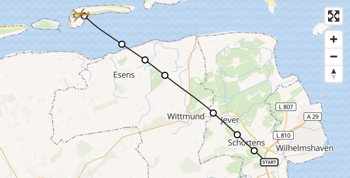 Flugroute Rettungshubschrauber Sande - Langeoog Flughafen, 03 Juni 2026, 07:37