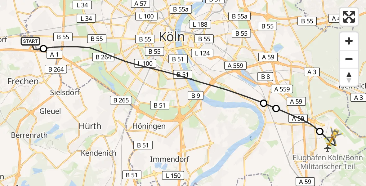Flugroute Rettungshubschrauber Frechen - Köln Bonn Flughafen, 03 Juni 2026, 07:41