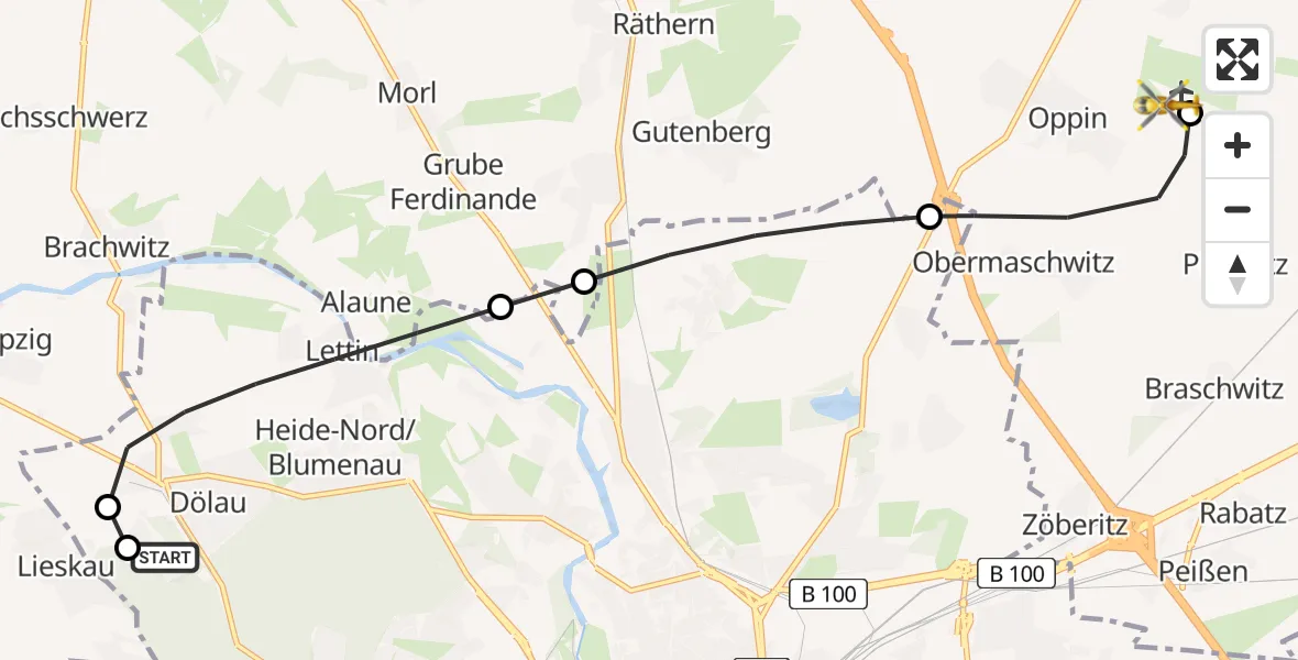 Flugroute Rettungshubschrauber Martha-Maria Halle-Dölau Hospital - Halle-Oppin Flugplatz, 03 Juni 2026, 07:44