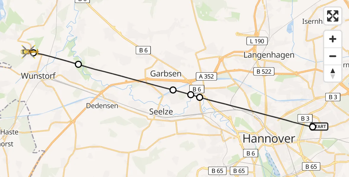 Flugroute Rettungshubschrauber Hannover Luftrettung Hubschrauberlandeplatz (Christoph 4) - Militärflugplatz Wunstorf, 03 Juni 2026, 07:48