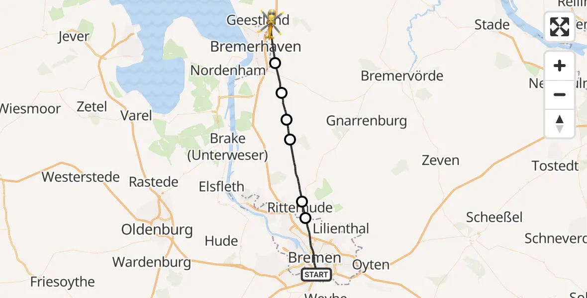 Flugroute Rettungshubschrauber Bremen - Bremerhaven, 03 Juni 2026, 07:50
