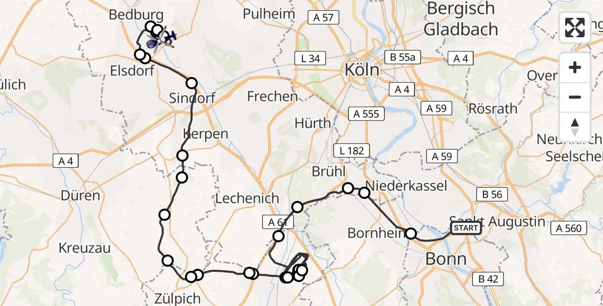 Flugroute Polizeihubschrauber Bonn - Bergheim, 03 Juni 2026, 07:53
