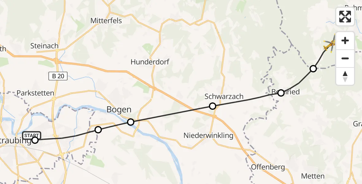 Flugroute Rettungshubschrauber Sankt Elisabeth Hospital Straubing - Achslach, 03 Juni 2026, 07:55