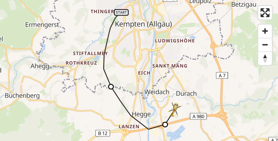 Flugroute Rettungshubschrauber Kempten (Allgäu) - Kempten-Durach Flugplatz, 03 Juni 2026, 07:54