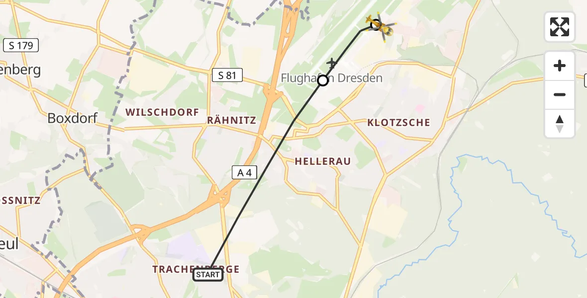 Flugroute Rettungshubschrauber Dresden - Dresden Bundespolizei Hubschrauberlandeplatz, 03 Juni 2026, 07:59