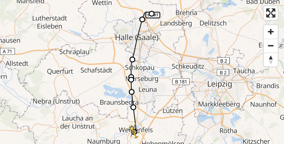 Flugroute Rettungshubschrauber Halle-Oppin Flugplatz - Asklepios Clinic Weißenfels, 03 Juni 2026, 07:59
