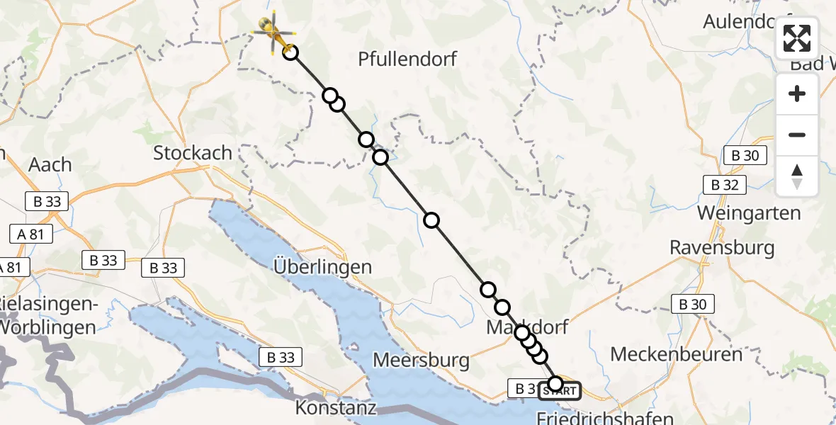 Flugroute Rettungshubschrauber Friedrichshafen Hospital - Sauldorf, 03 Juni 2026, 08:00