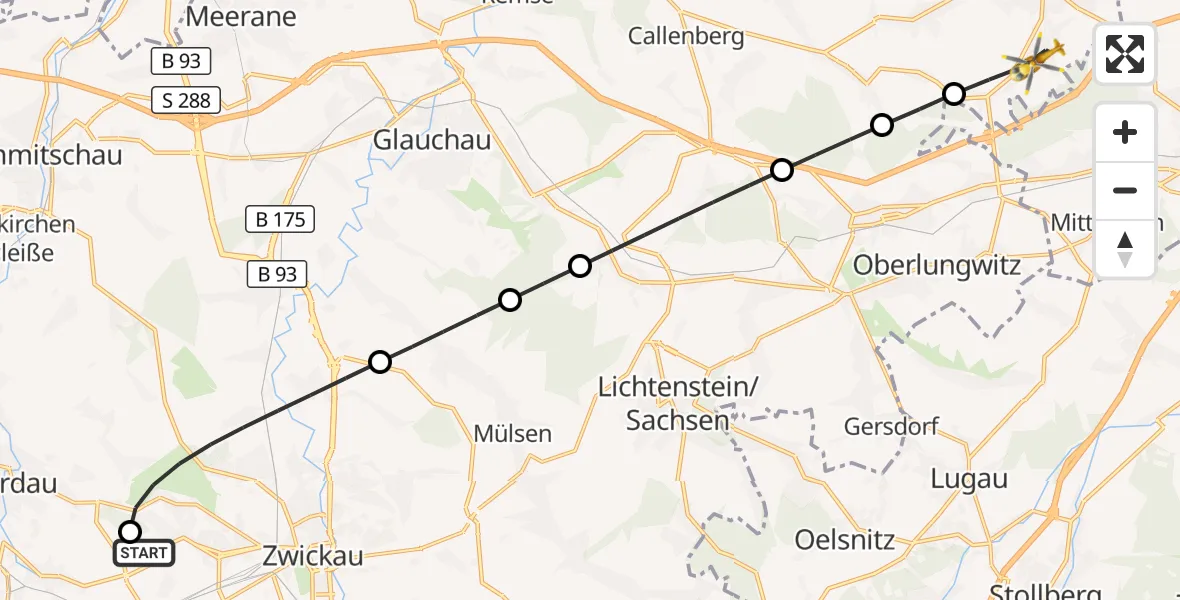 Flugroute Rettungshubschrauber ADAC Air Rescue Station Zwickau Hubschrauberlandeplatz - Limbach-Oberfrohna, 03 Juni 2026, 08:01