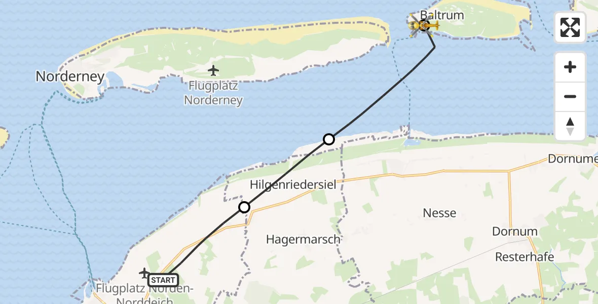 Flugroute Ambulanzhubschrauber Norden - Baltrum Flughafen, 03 Juni 2026, 08:02