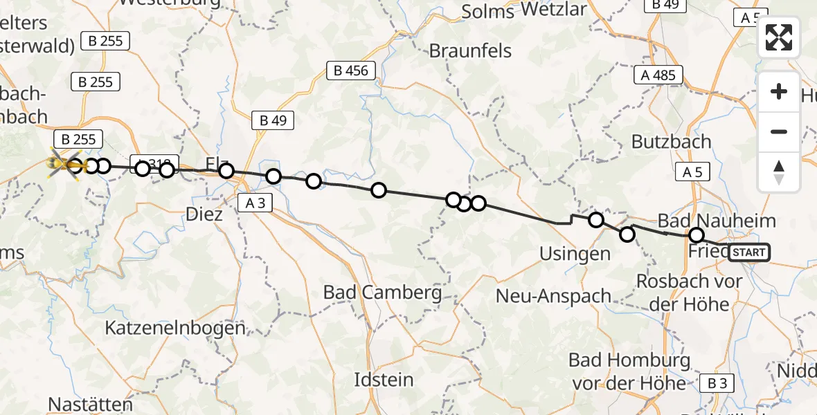 Flugroute Ambulanzhubschrauber Friedberg (Hessen) - Holler, 03 Juni 2026, 08:11