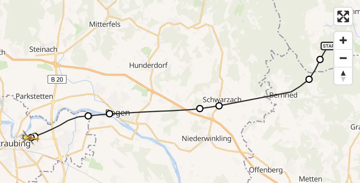 Flugroute Rettungshubschrauber Gotteszell - Sankt Elisabeth Hospital Straubing, 03 Juni 2026, 08:17