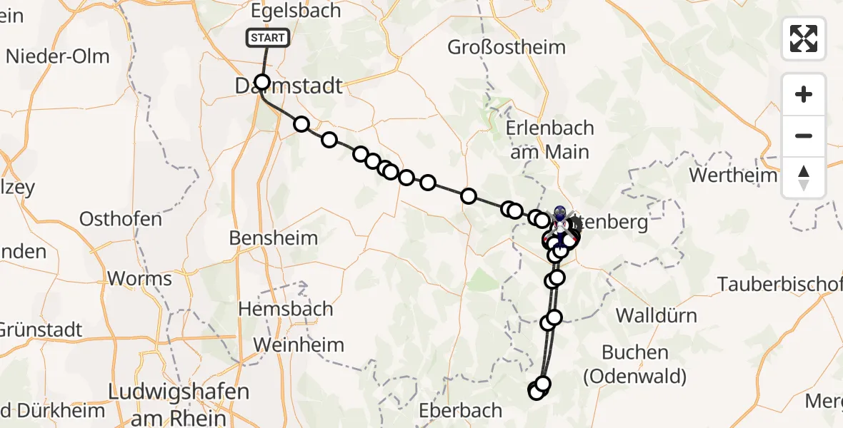 Flugroute Polizeihubschrauber Weiterstadt - Mainbullau Flugplatz, 03 Juni 2026, 08:21