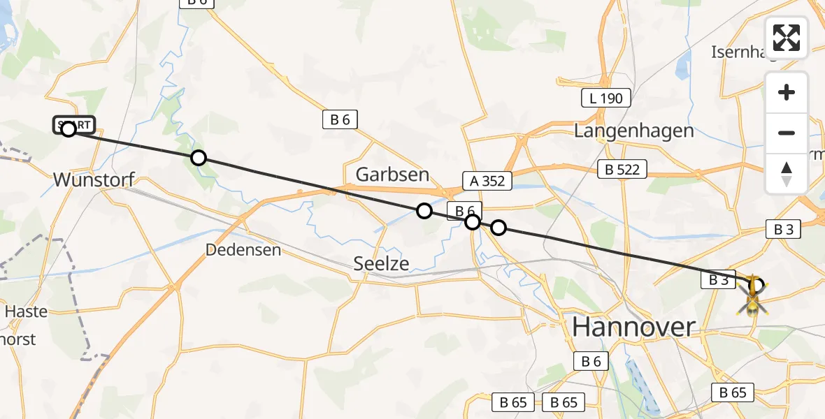 Flugroute Rettungshubschrauber Militärflugplatz Wunstorf - Hannover Luftrettung Hubschrauberlandeplatz (Christoph 4), 03 Juni 2026, 08:22