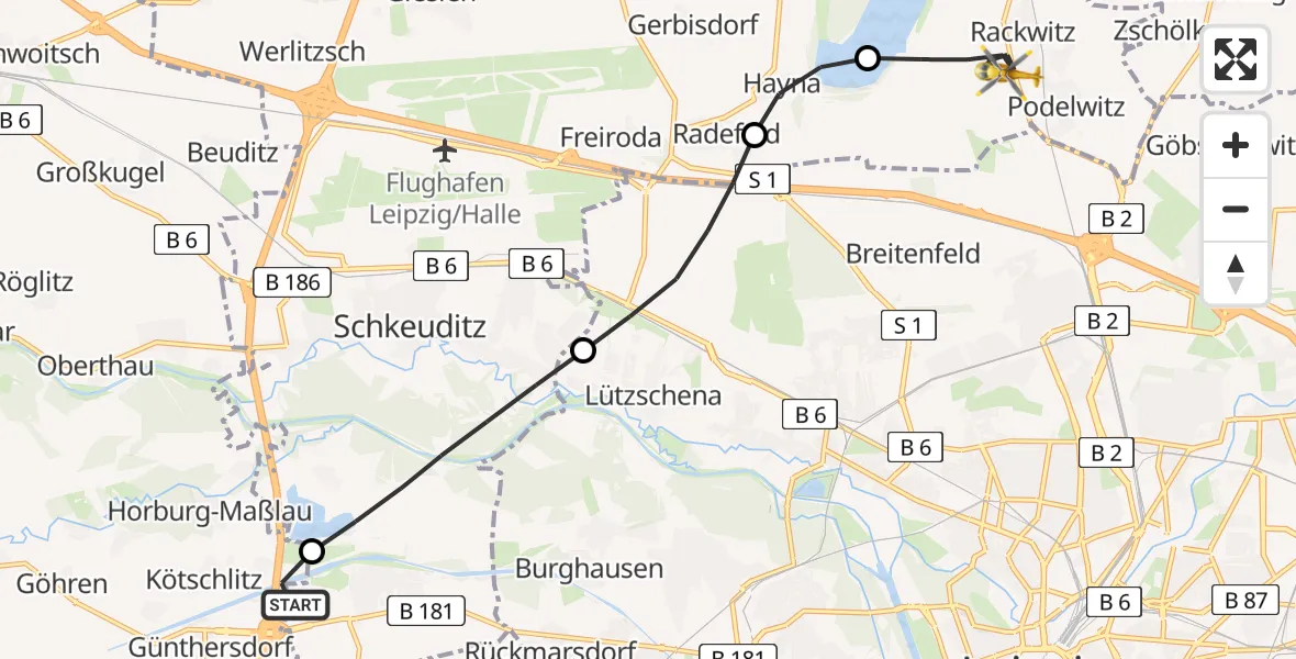 Flugroute Rettungshubschrauber ADAC Air Rescue Station Leipzig/Schkeuditz-Dölzig Hubschrauberlandeplatz (Christoph 61) - Rackwitz, 03 Juni 2026, 08:25