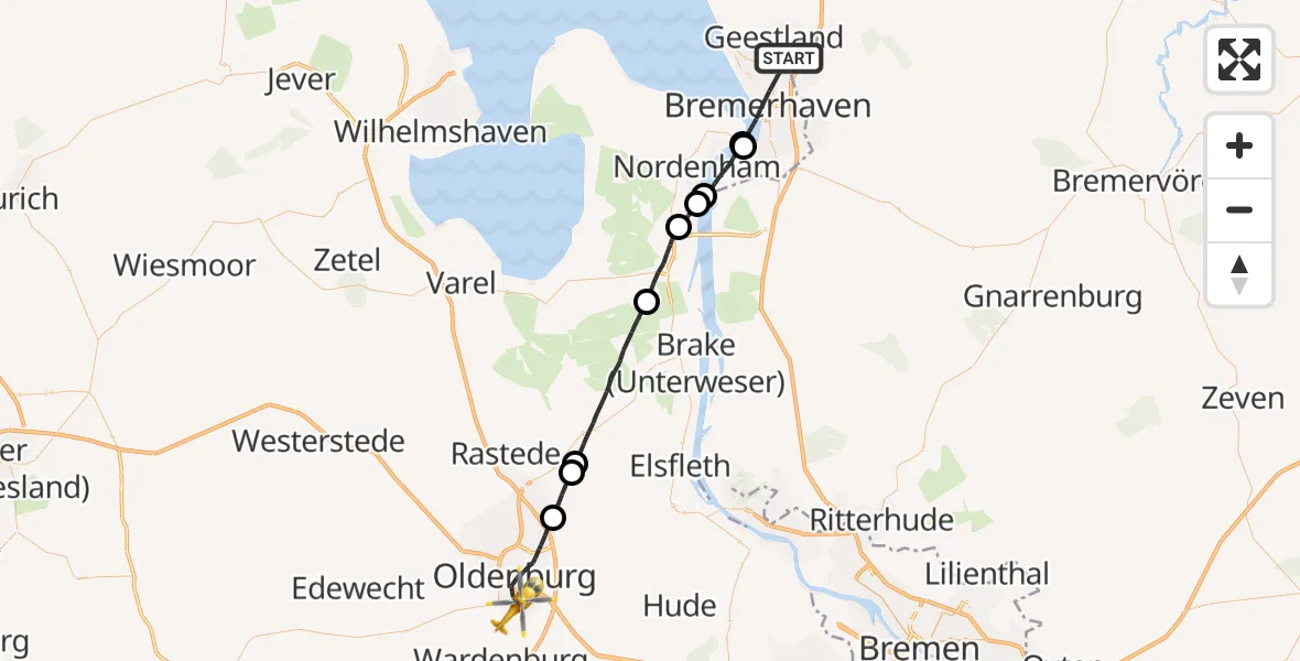 Flugroute Rettungshubschrauber Bremerhaven - Oldenburg (Oldb), 03 Juni 2026, 08:28