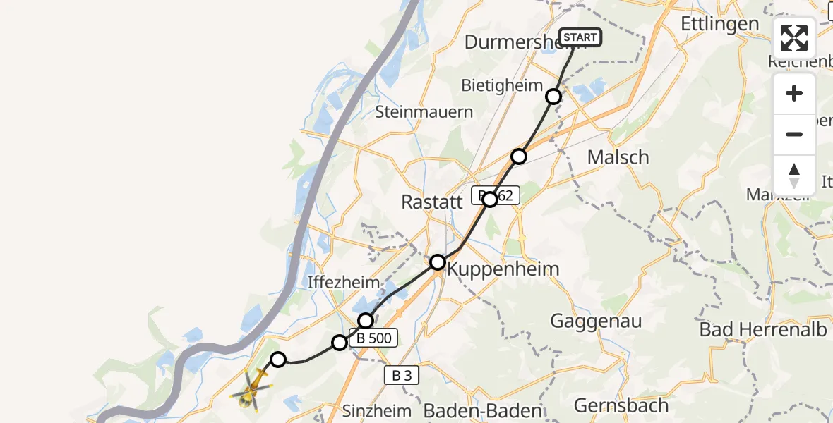 Flugroute Ambulanzhubschrauber Durmersheim - Karlsruhe Baden-Baden Flughafen, 03 Juni 2026, 08:31