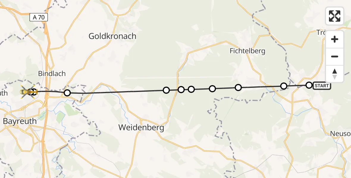 Flugroute Rettungshubschrauber Ebnath - Hohe Warte Hospital, 03 Juni 2026, 08:33