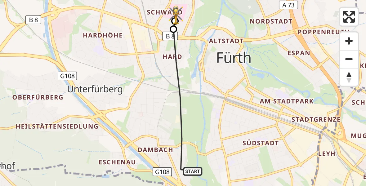 Flugroute Ambulanzhubschrauber Fürth - Fürth Hospital, 03 Juni 2026, 08:39