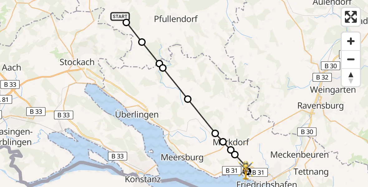 Flugroute Rettungshubschrauber Sauldorf - Friedrichshafen Hospital, 03 Juni 2026, 08:44