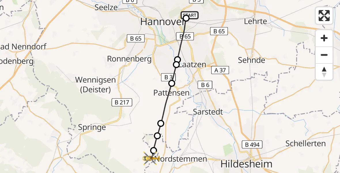 Flugroute Rettungshubschrauber Hannover Luftrettung Hubschrauberlandeplatz (Christoph 4) - Springe, 03 Juni 2026, 08:46