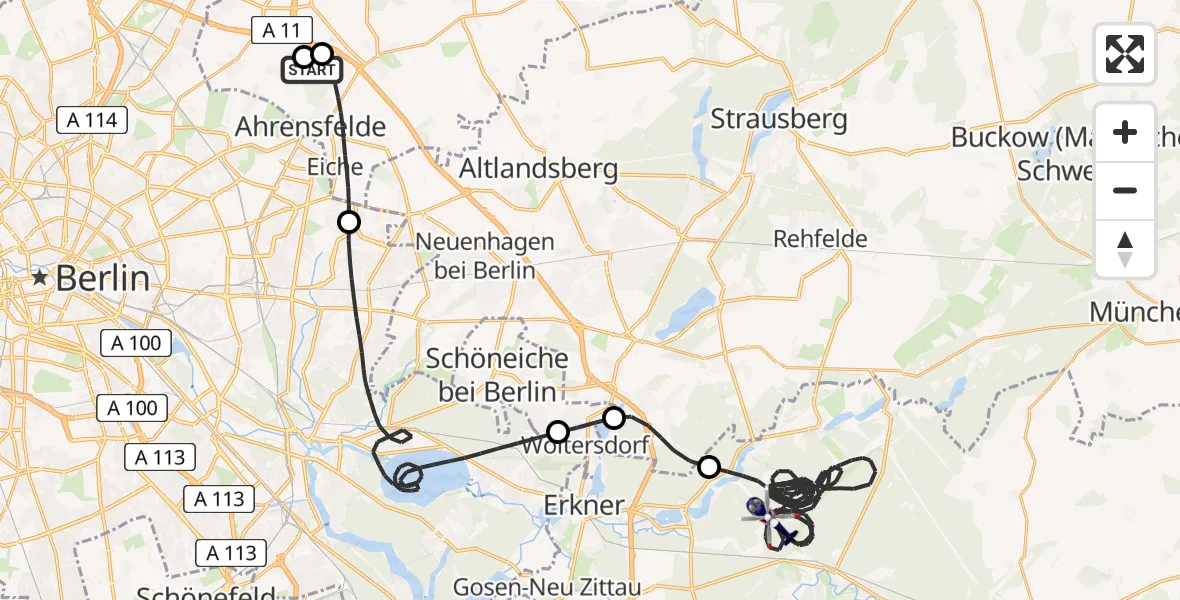 Flugroute Polizeihubschrauber Ahrensfelde Hubschrauberlandeplatz - Grünheide (Mark), 03 Juni 2026, 08:49