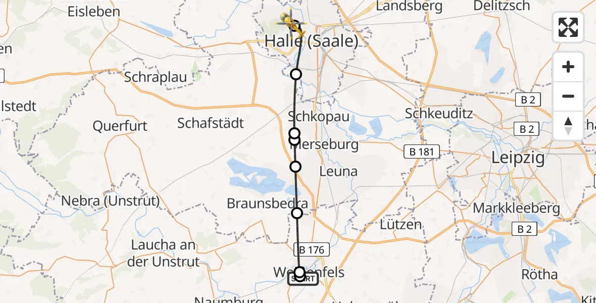 Flugroute Rettungshubschrauber Asklepios Clinic Weißenfels - Halle (Saale) University Hospital, 03 Juni 2026, 08:54